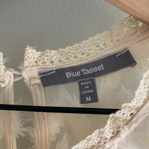 Anthropologie Blue Tassel cream sequin sleeveless sheer blouse size medium - Picture 2 of 6